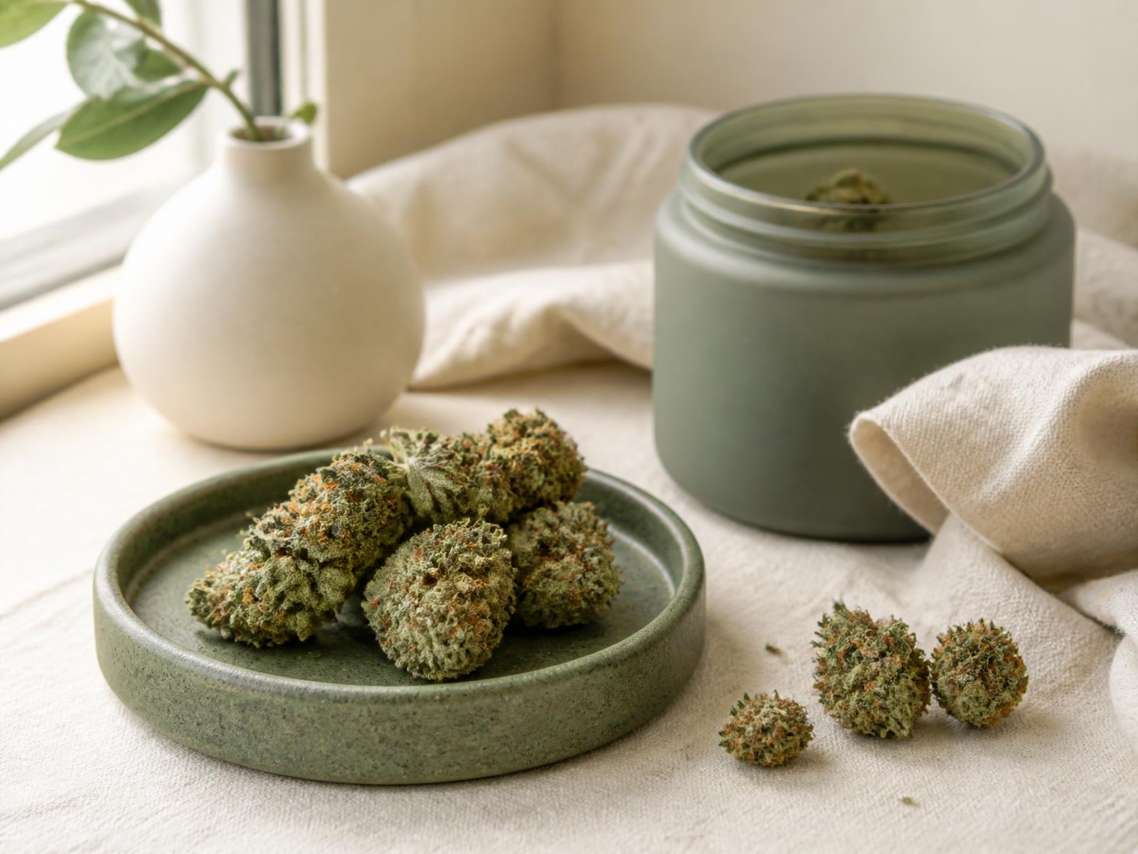 HHZ Blüten von Hanf Pate in einer grünen Keramikschale neben einem Vorratsglas